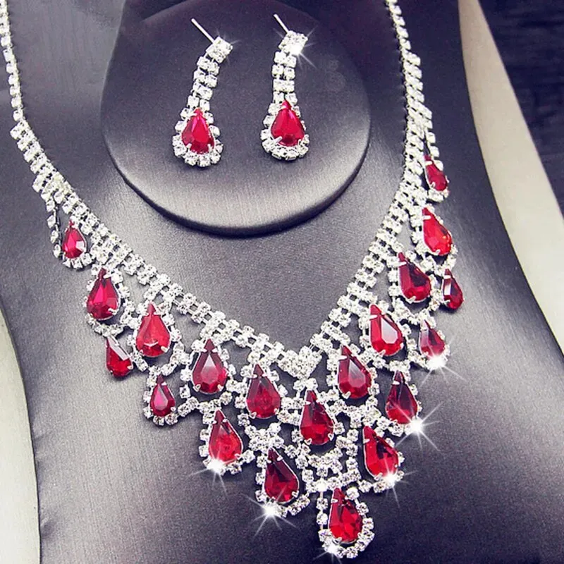 Crystal Blue Red Bridal Teardrop Shape Wedding Necklace Earrings