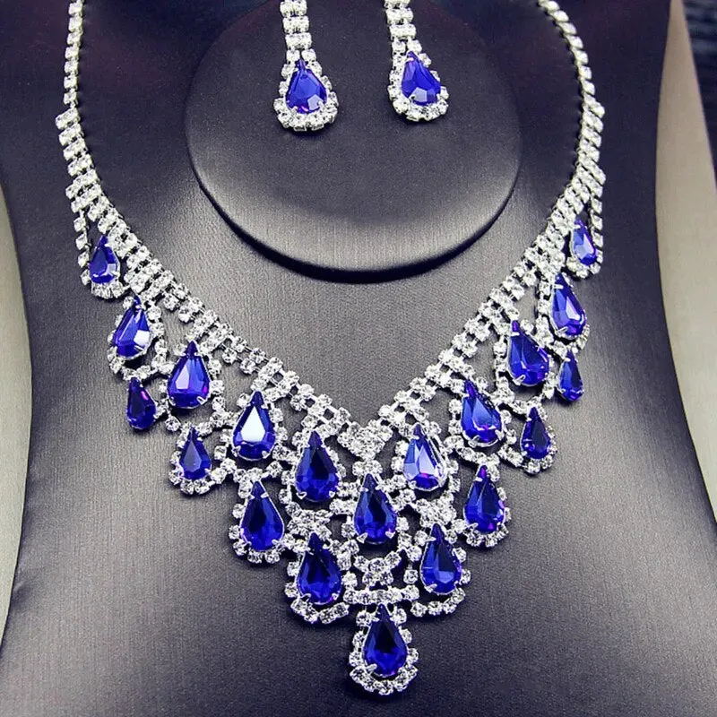 Crystal Blue Red Bridal Teardrop Shape Wedding Necklace Earrings