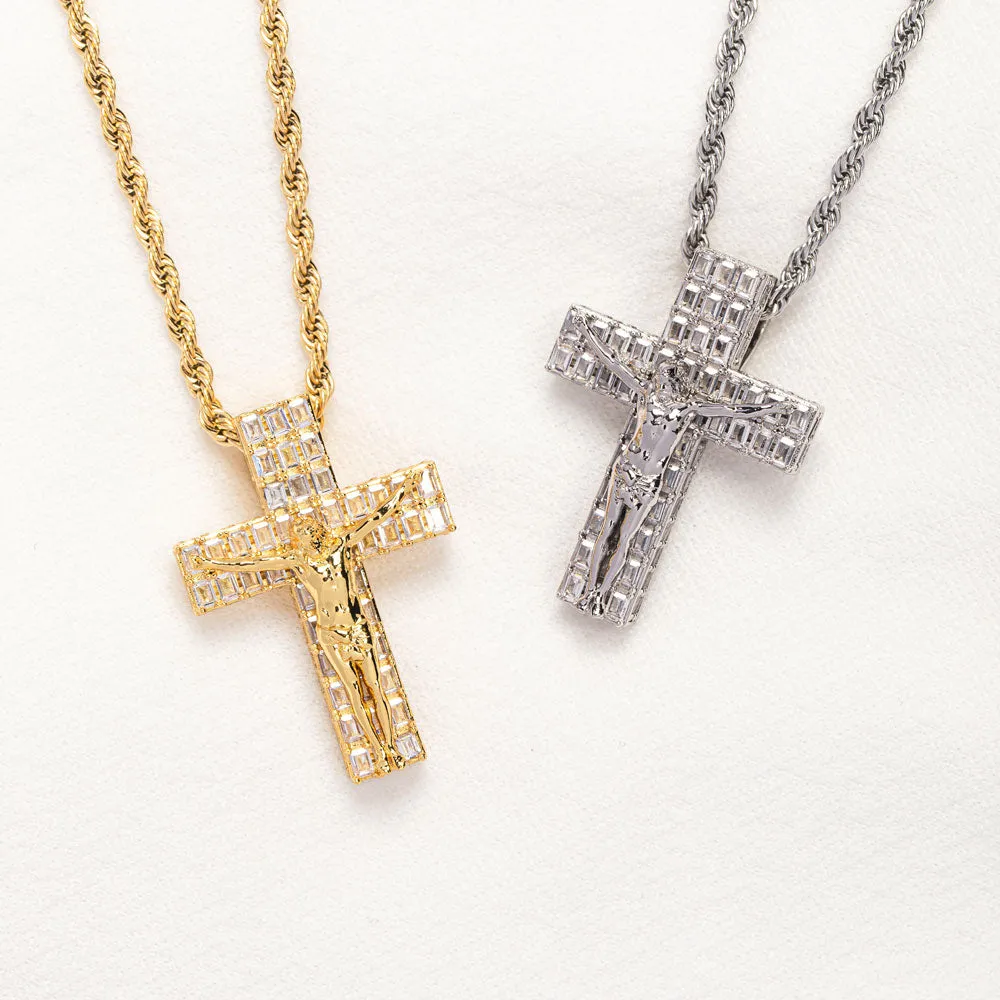 Diamond Baguette Crucifix Necklace Pendant & Rope Chain