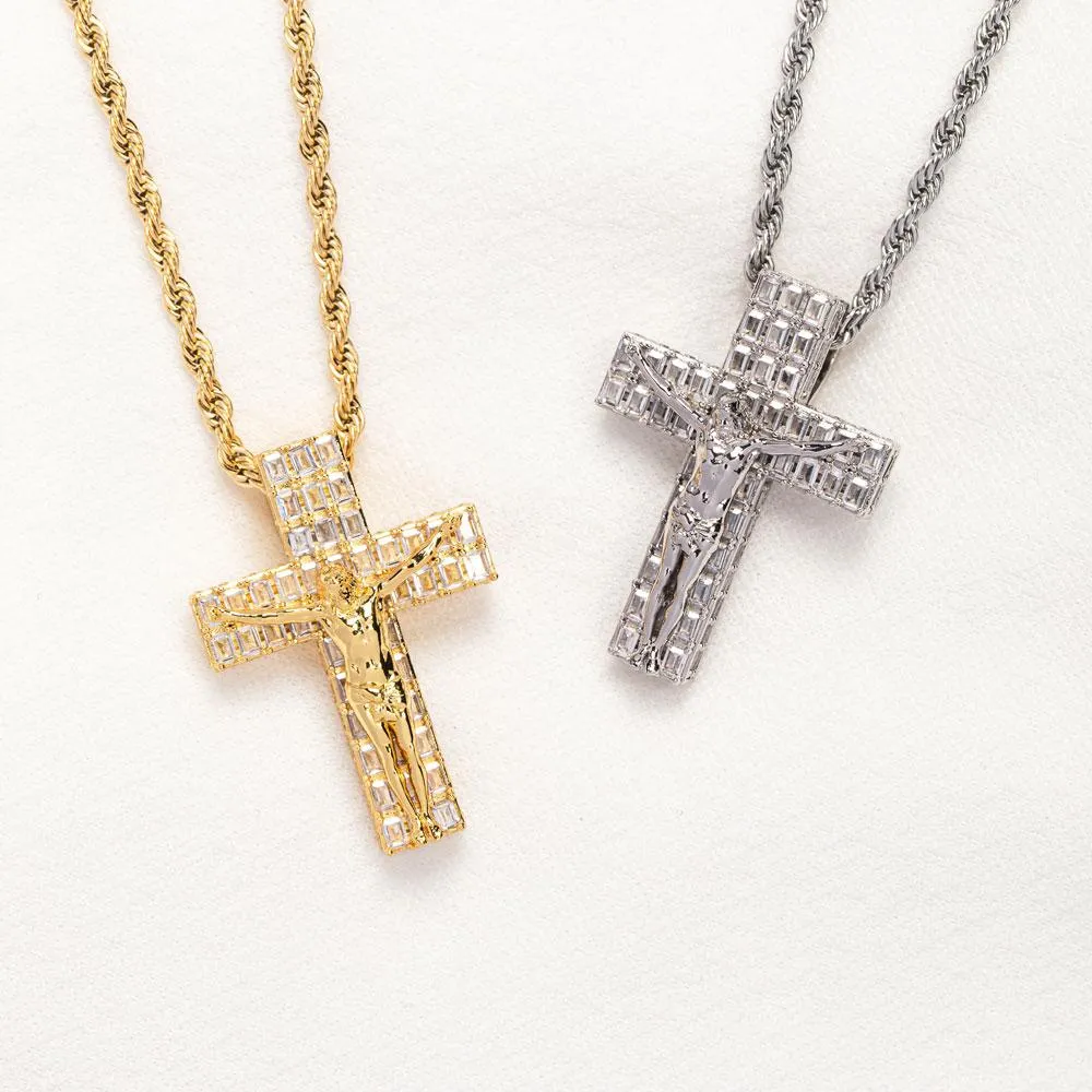 Diamond Baguette Crucifix Necklace Pendant & Rope Chain