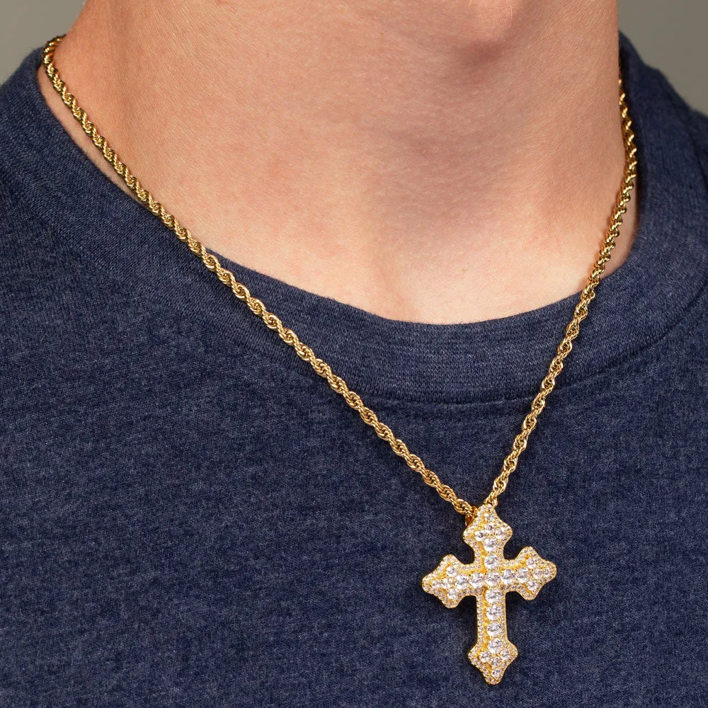 Diamond Fleur De Lis Cross Necklace Pendant & Rope Chain