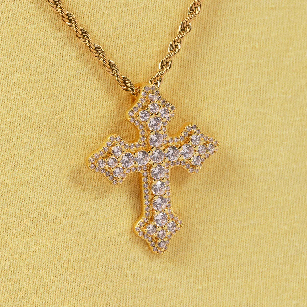 Diamond Fleur De Lis Cross Necklace Pendant & Rope Chain