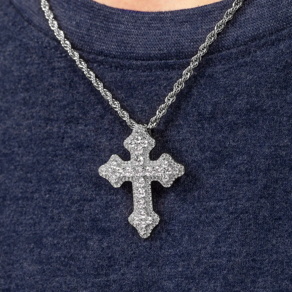 Diamond Fleur De Lis Cross Necklace Pendant & Rope Chain