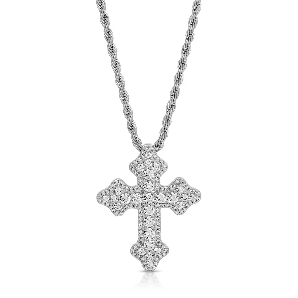 Diamond Fleur De Lis Cross Necklace Pendant & Rope Chain