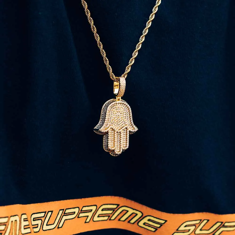 Diamond Hamsa Hand Necklace Pendant & Rope Chain