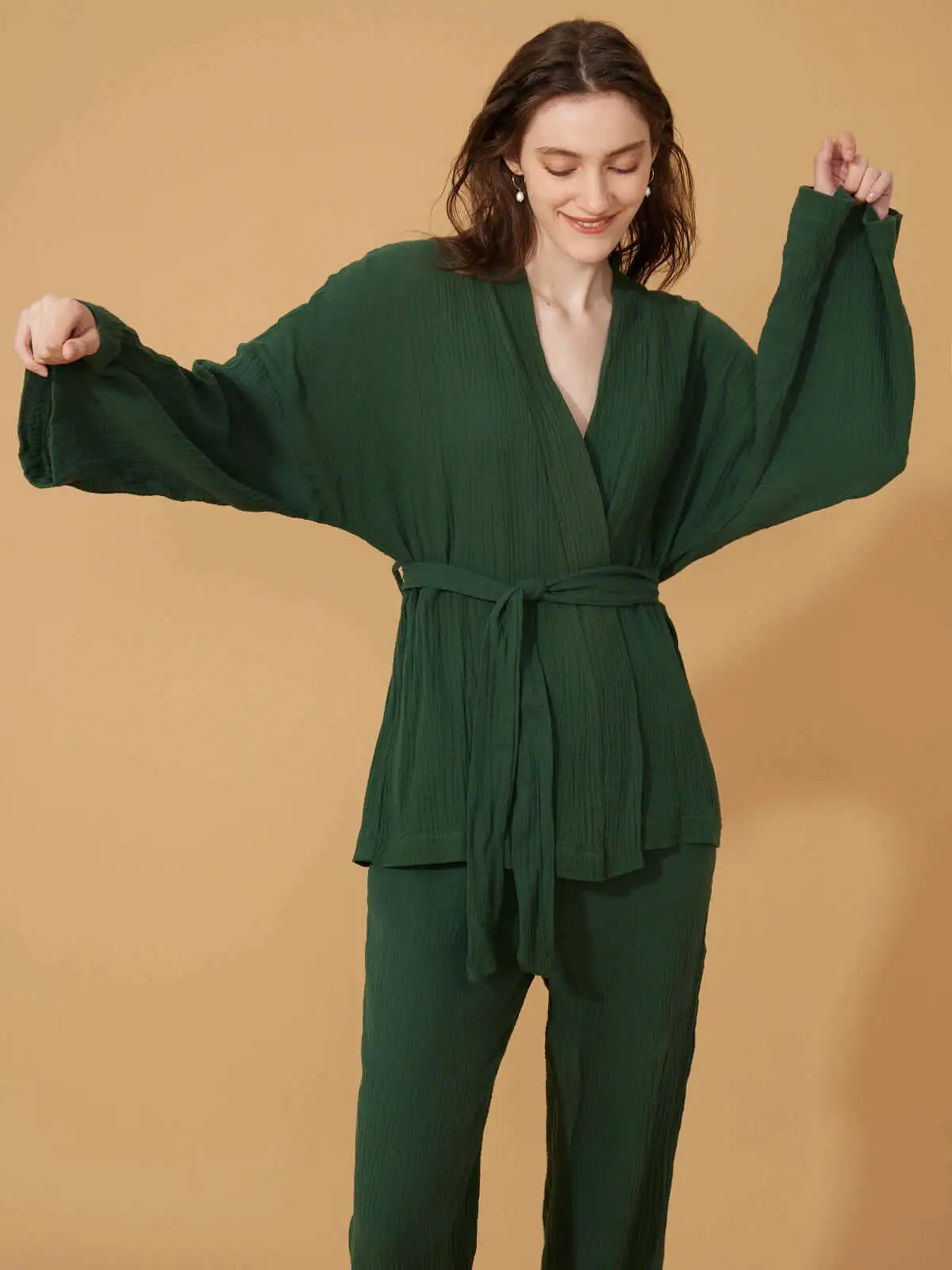 Double Gauze Cotton Robe and Pants Pajama Set