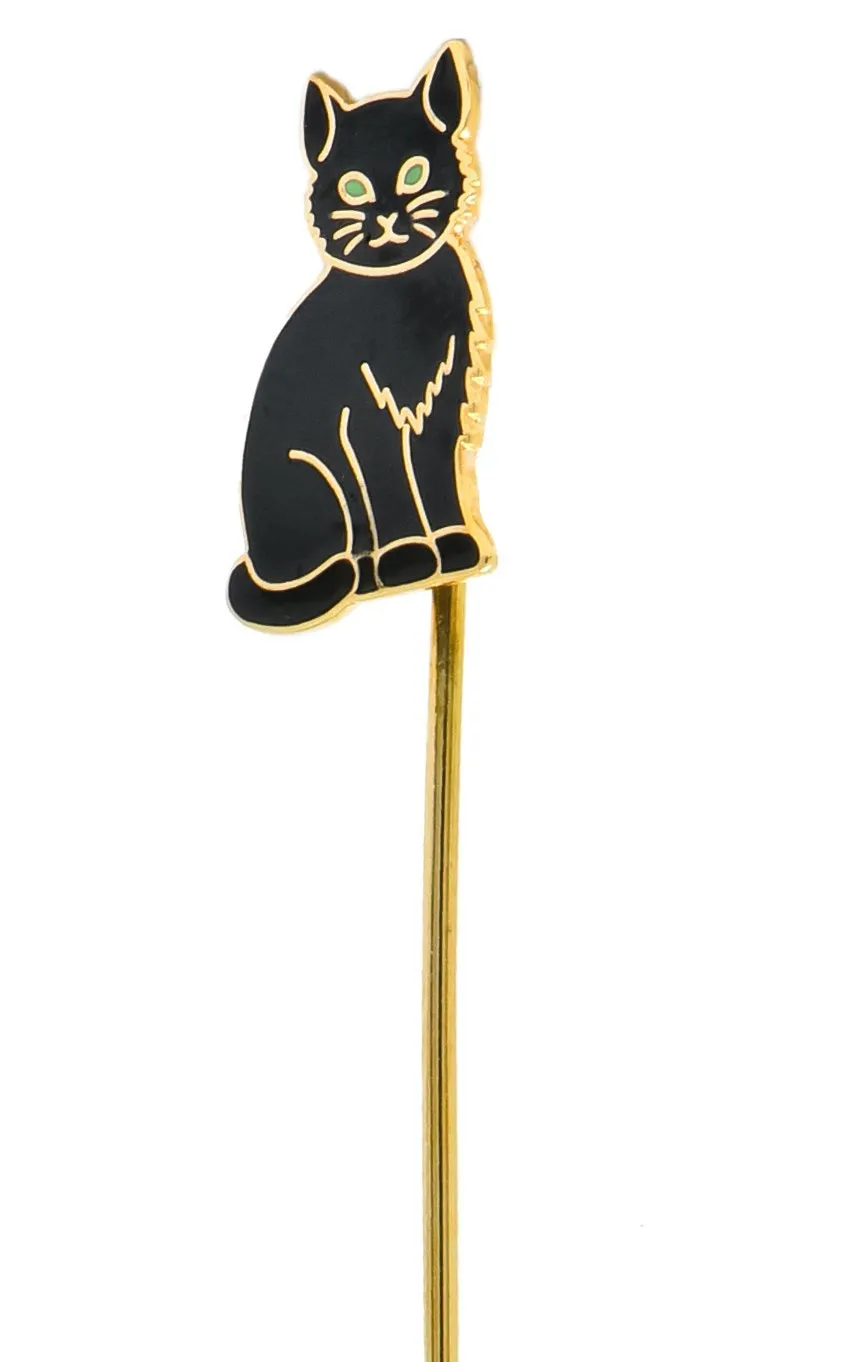 Edwardian 14 Karat Gold Enamel Black Cat Stick Pin