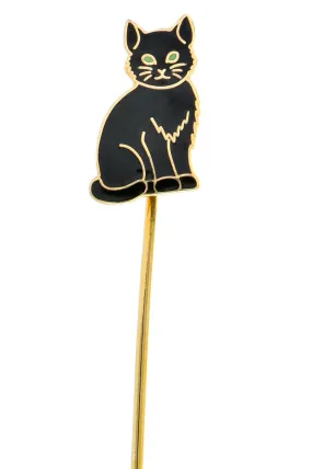 Edwardian 14 Karat Gold Enamel Black Cat Stick Pin