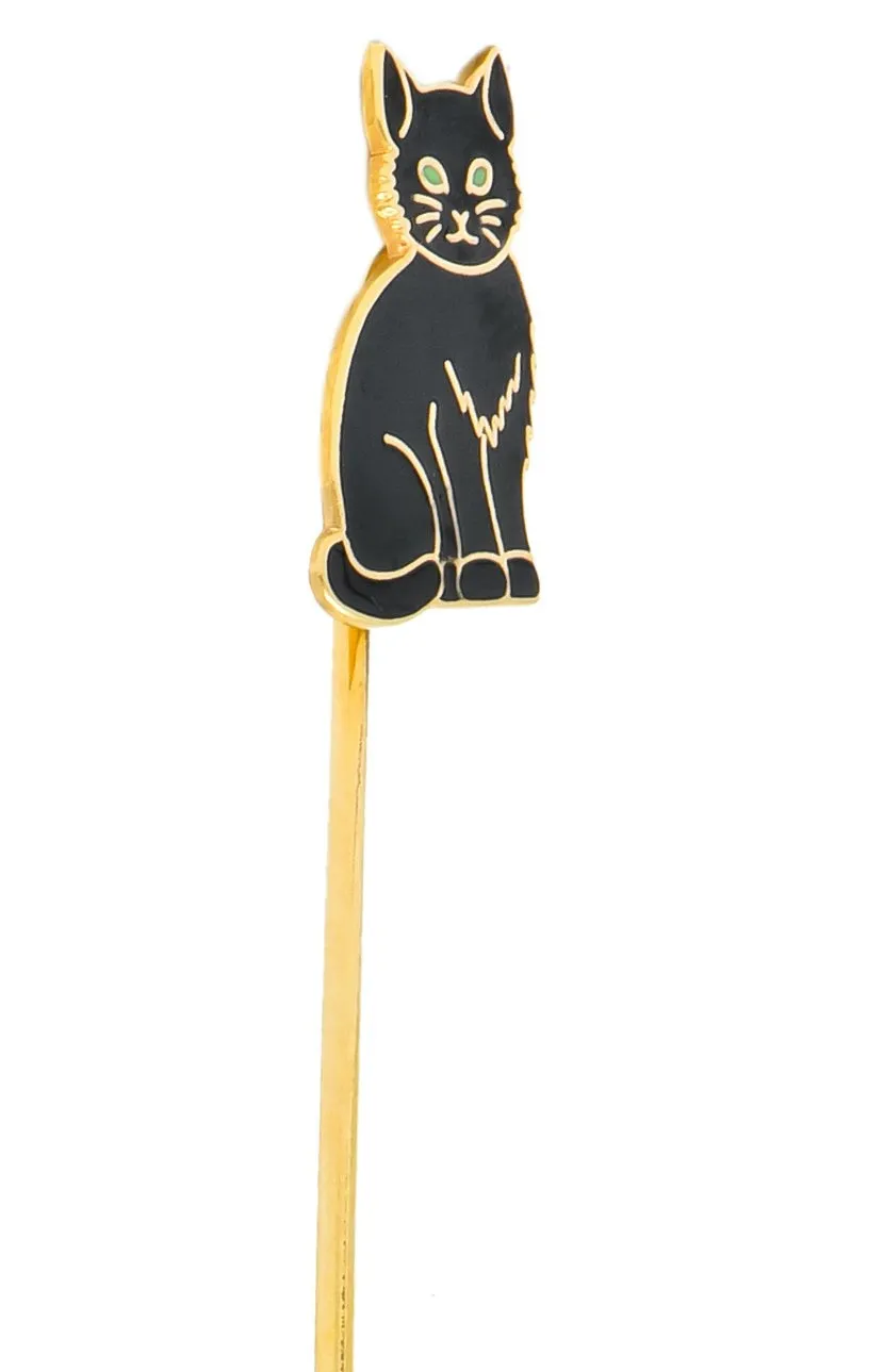 Edwardian 14 Karat Gold Enamel Black Cat Stick Pin