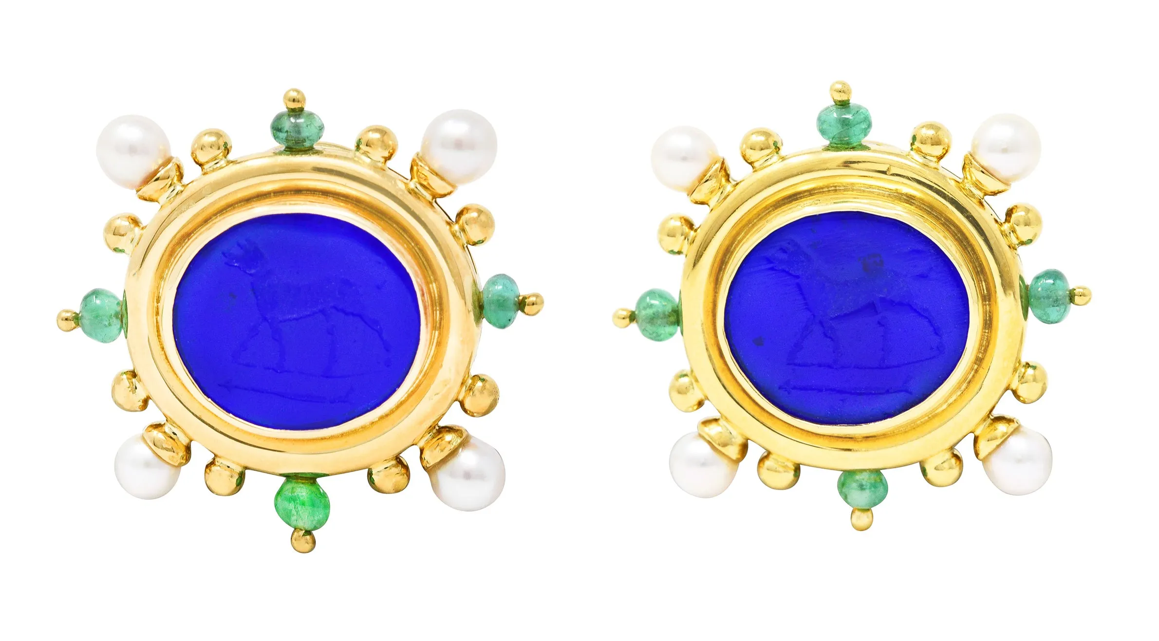 Elizabeth Locke Pearl Emerald Blue Venetian Glass Dog Intaglio 18 Karat Yellow Gold Earrings