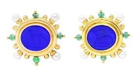 Elizabeth Locke Pearl Emerald Blue Venetian Glass Dog Intaglio 18 Karat Yellow Gold Earrings