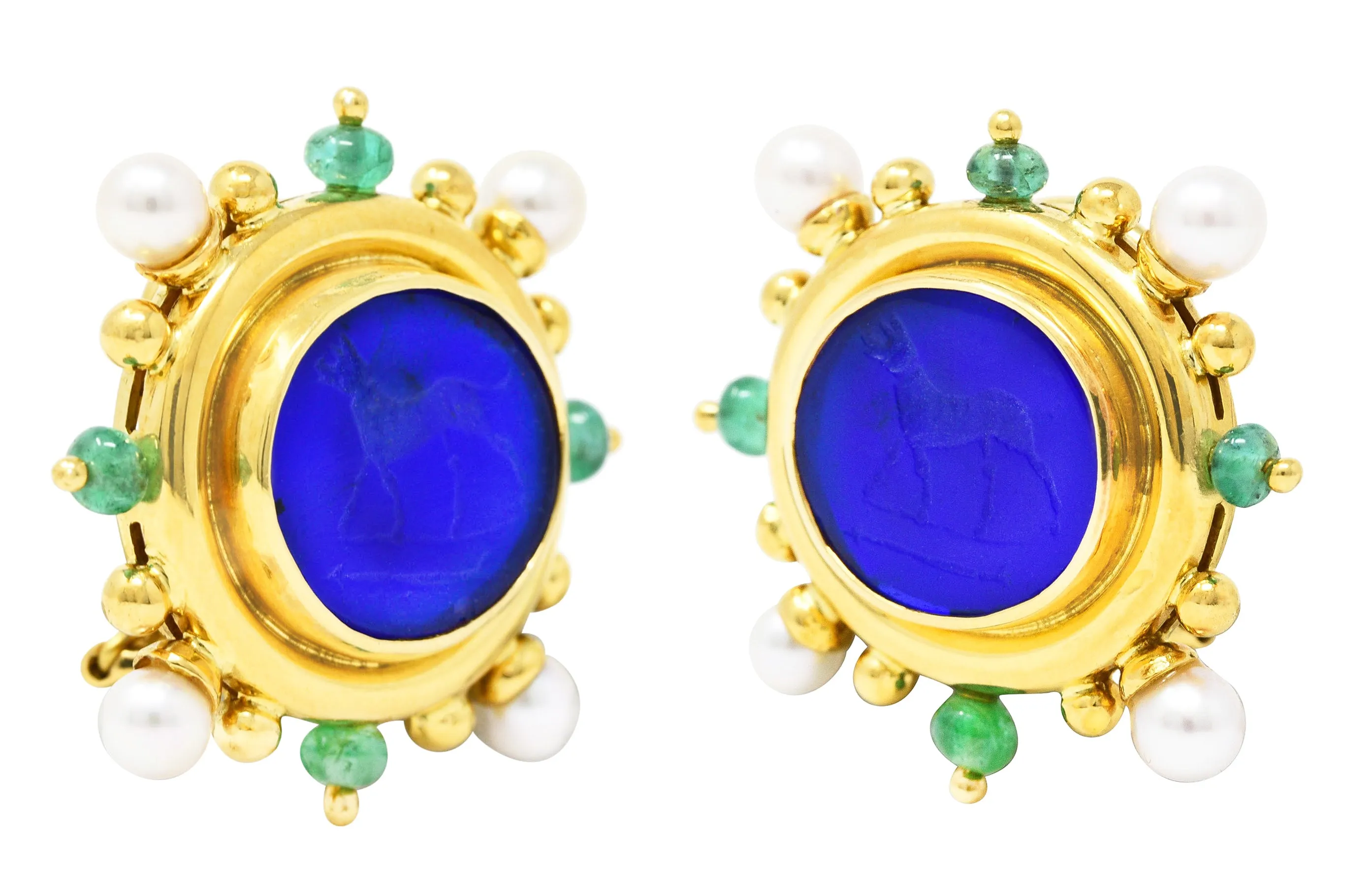 Elizabeth Locke Pearl Emerald Blue Venetian Glass Dog Intaglio 18 Karat Yellow Gold Earrings