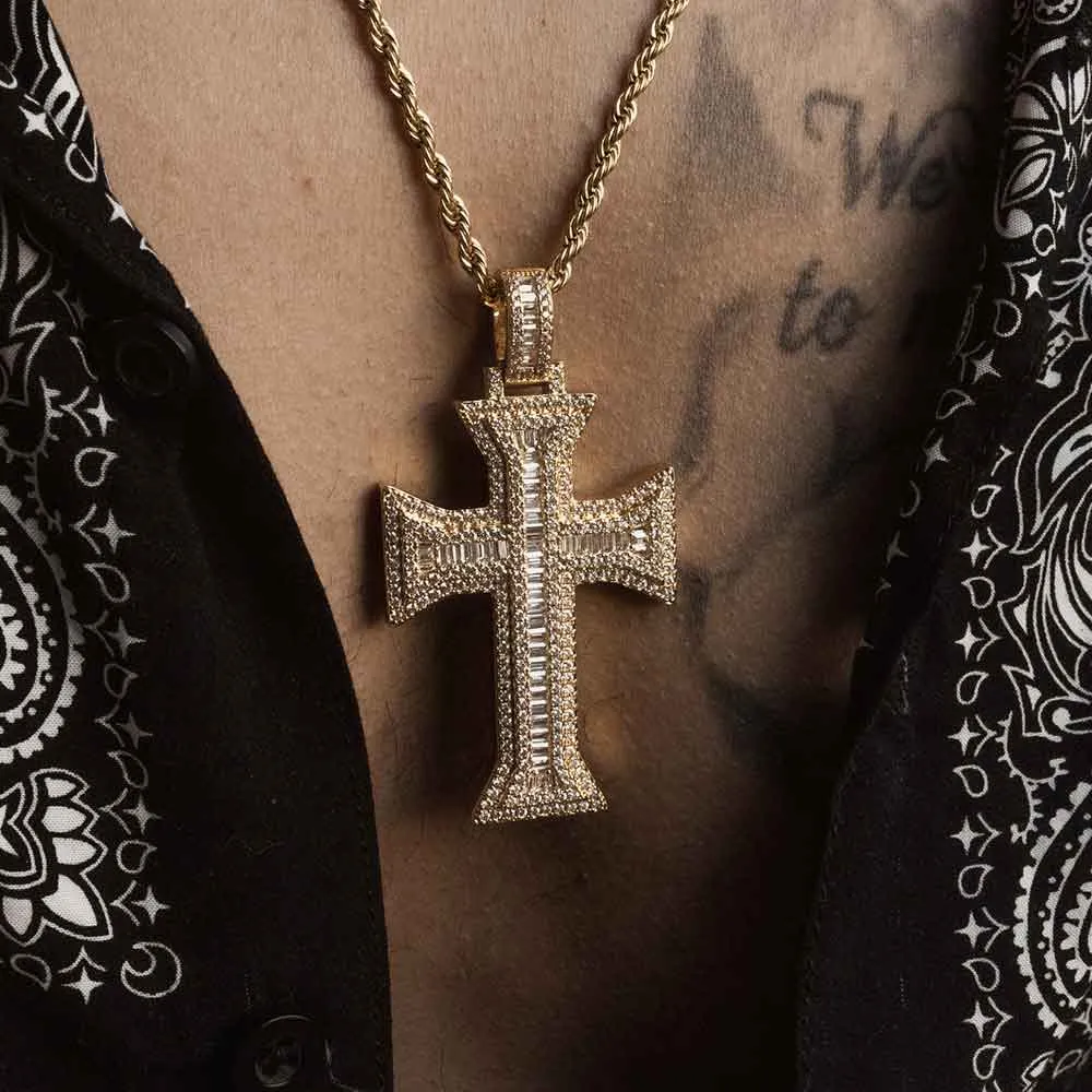 Emerald Cut Cross Necklace Pendant & Rope Chain