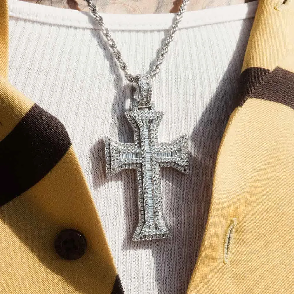 Emerald Cut Cross Necklace Pendant & Rope Chain