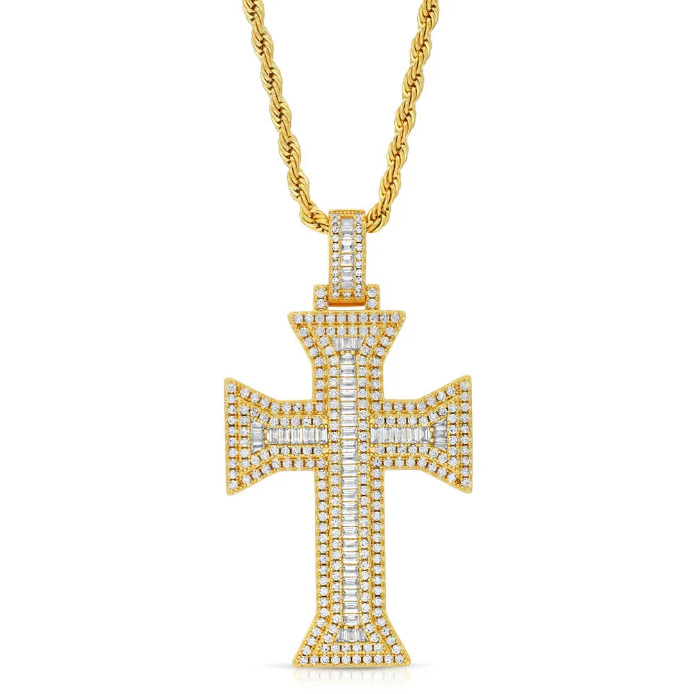 Emerald Cut Cross Necklace Pendant & Rope Chain