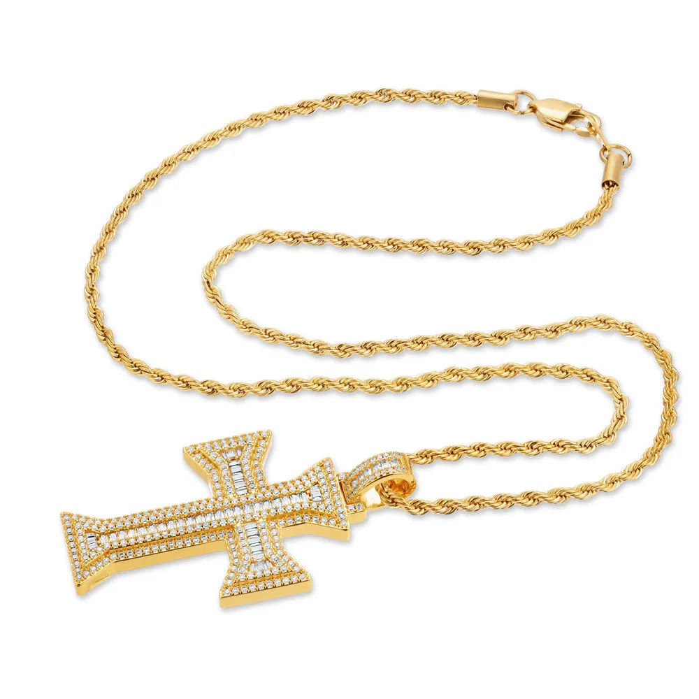 Emerald Cut Cross Necklace Pendant & Rope Chain