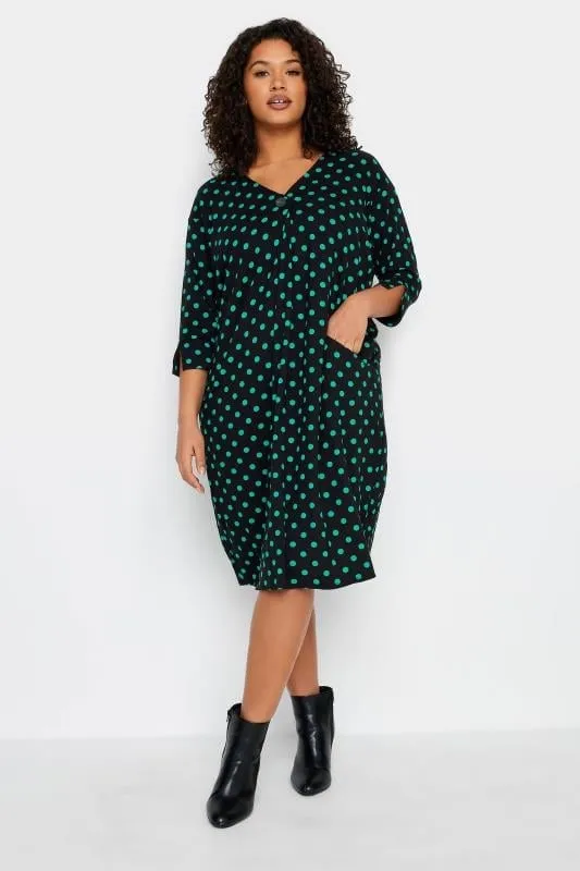 Evans Black & Green Spot Print Button Detail Midi Dress