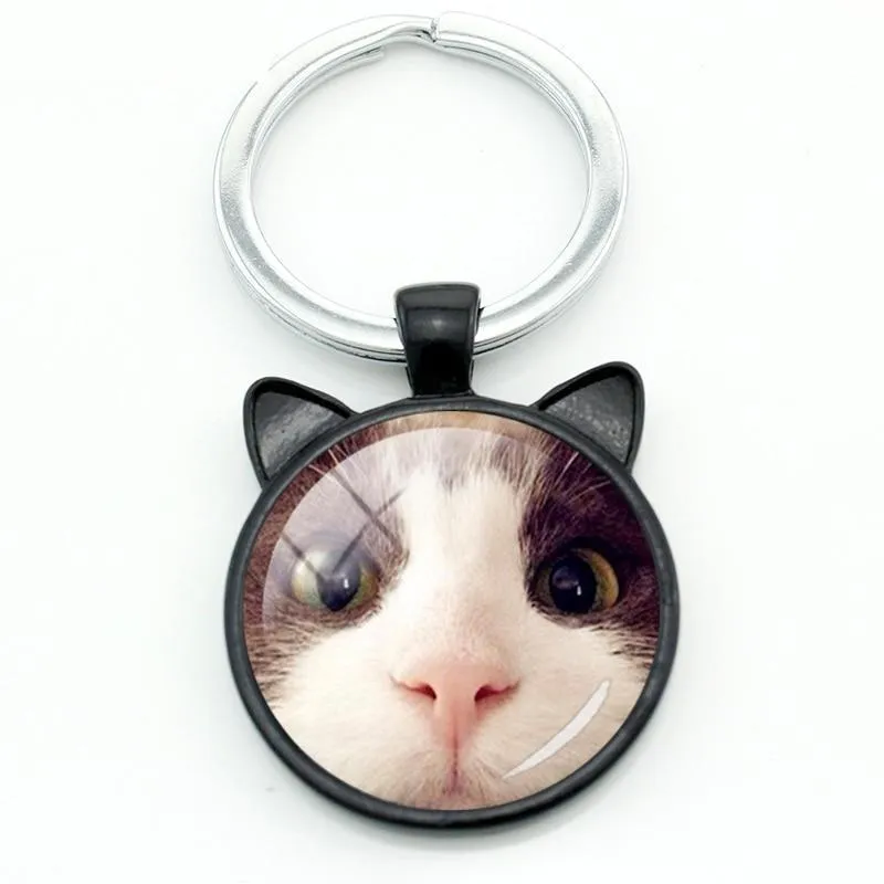 Fashion Lovely Cat Animal Metal Gems Glass Round Key Chain Ring Holder