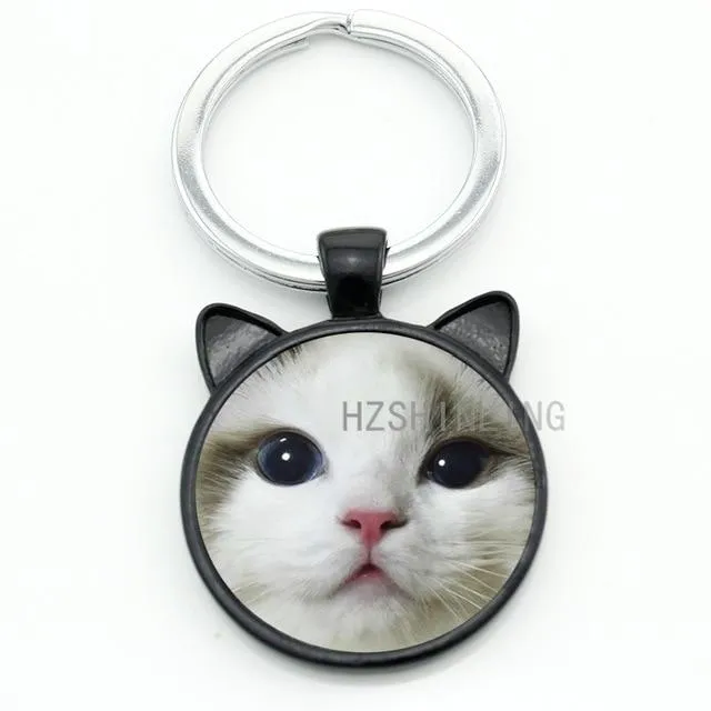 Fashion Lovely Cat Animal Metal Gems Glass Round Key Chain Ring Holder