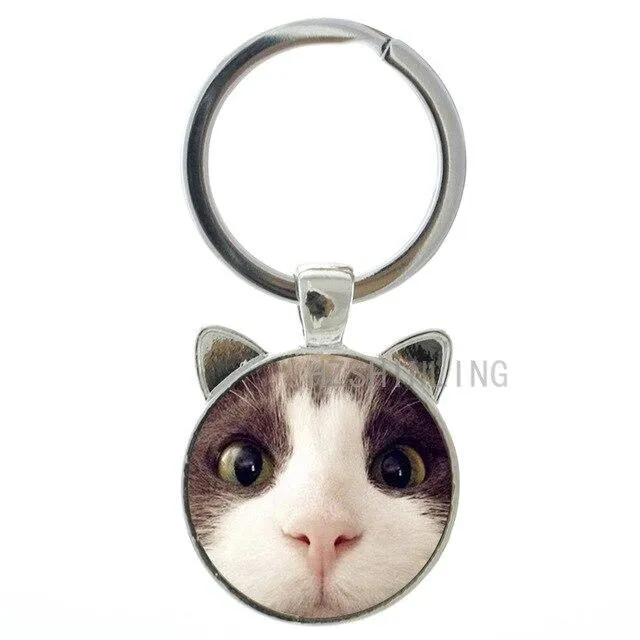 Fashion Lovely Cat Animal Metal Gems Glass Round Key Chain Ring Holder