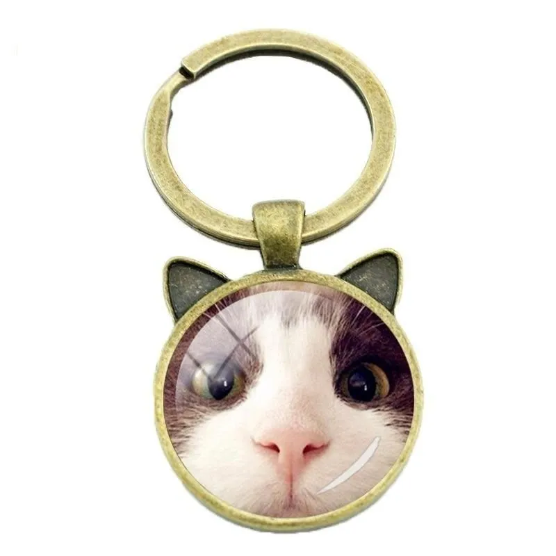 Fashion Lovely Cat Animal Metal Gems Glass Round Key Chain Ring Holder