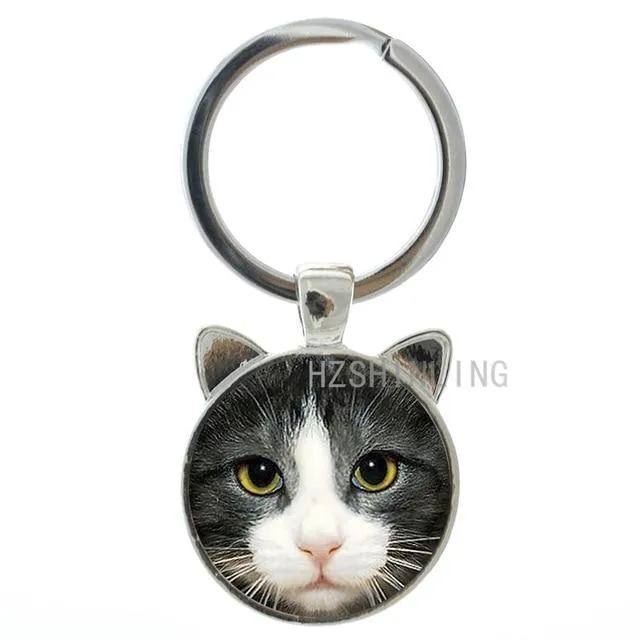 Fashion Lovely Cat Animal Metal Gems Glass Round Key Chain Ring Holder