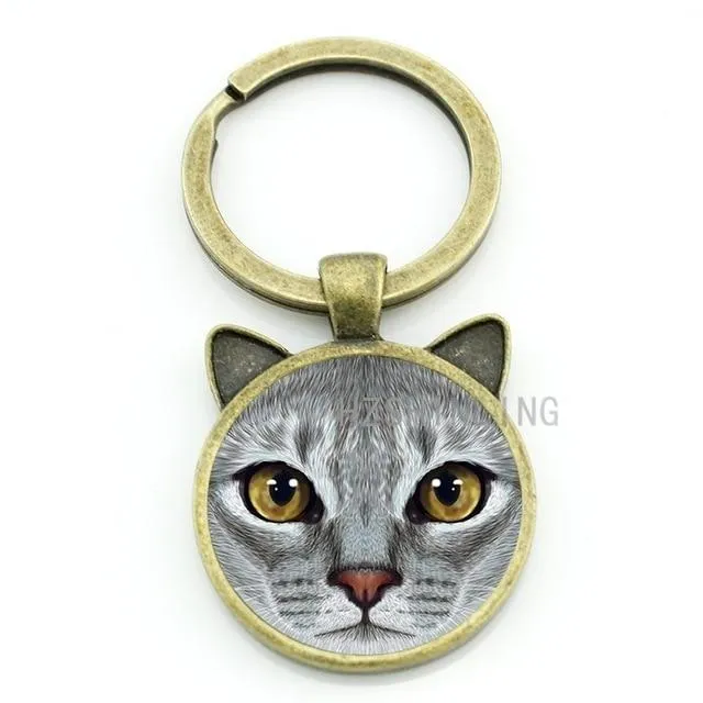 Fashion Lovely Cat Animal Metal Gems Glass Round Key Chain Ring Holder