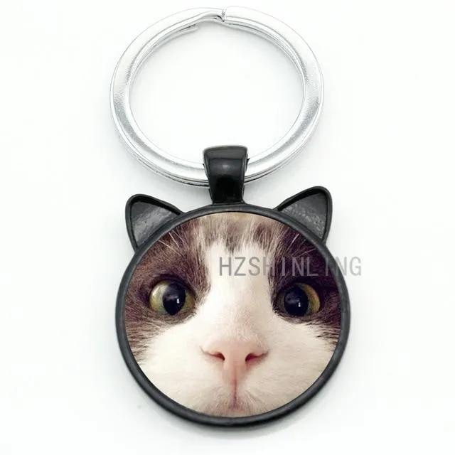 Fashion Lovely Cat Animal Metal Gems Glass Round Key Chain Ring Holder