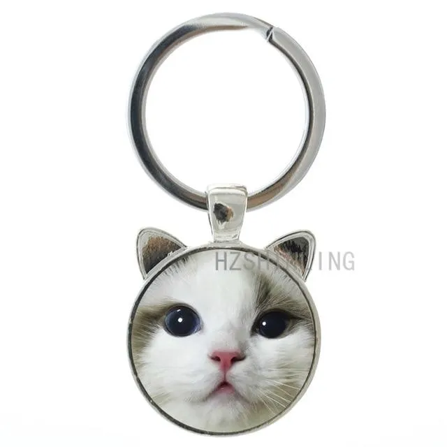 Fashion Lovely Cat Animal Metal Gems Glass Round Key Chain Ring Holder