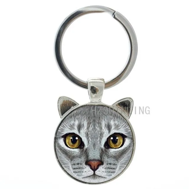 Fashion Lovely Cat Animal Metal Gems Glass Round Key Chain Ring Holder