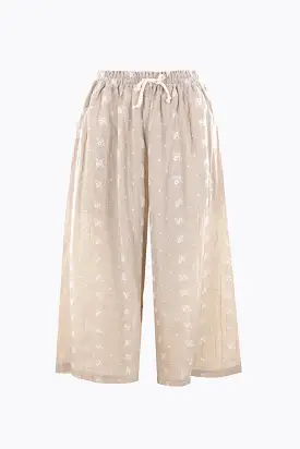 floral embroidered linen and cotton cropped pants