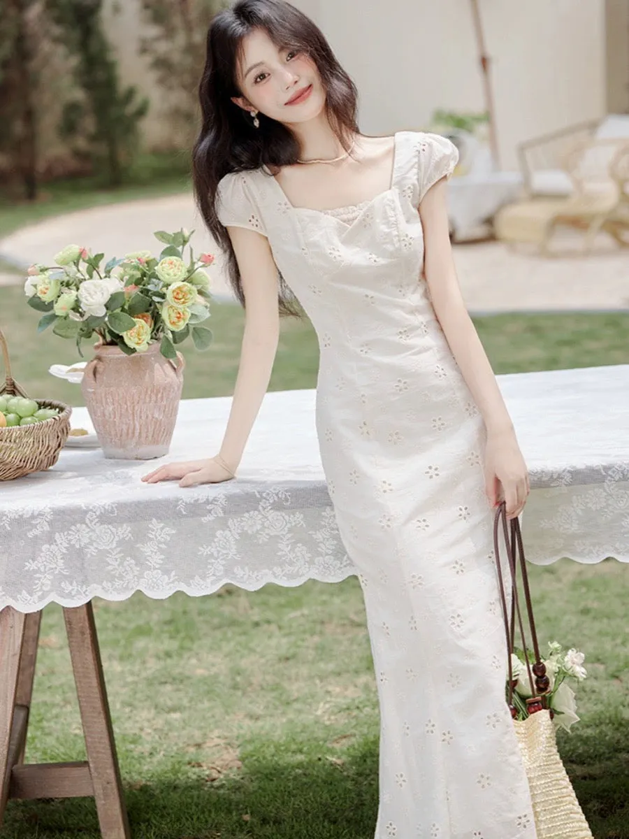 French high-end first love sweet long dress, sweet girly, gentle style, fresh and simple white fishtail dress