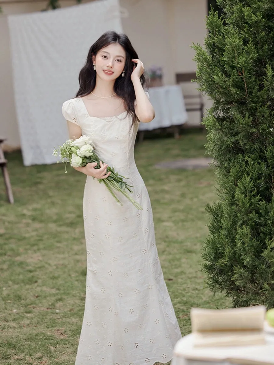 French high-end first love sweet long dress, sweet girly, gentle style, fresh and simple white fishtail dress