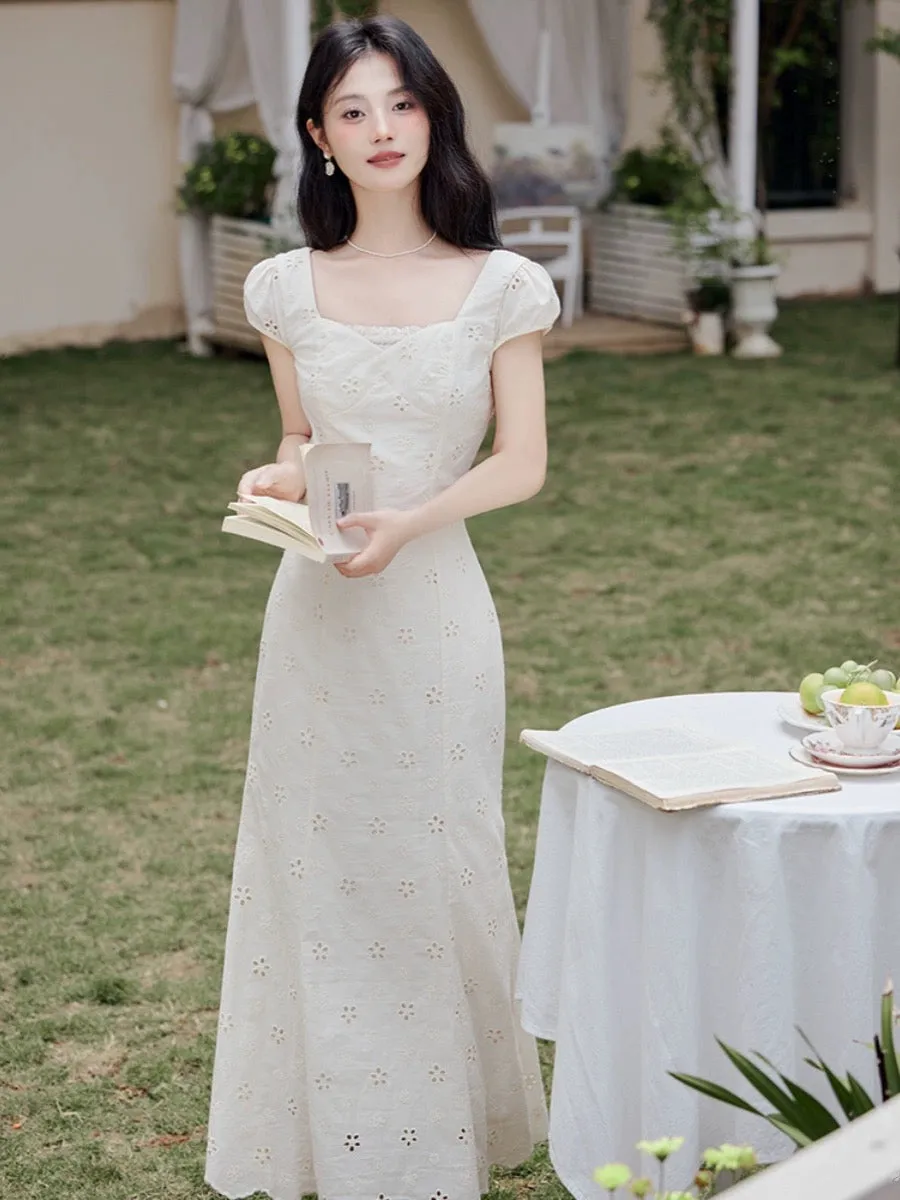 French high-end first love sweet long dress, sweet girly, gentle style, fresh and simple white fishtail dress