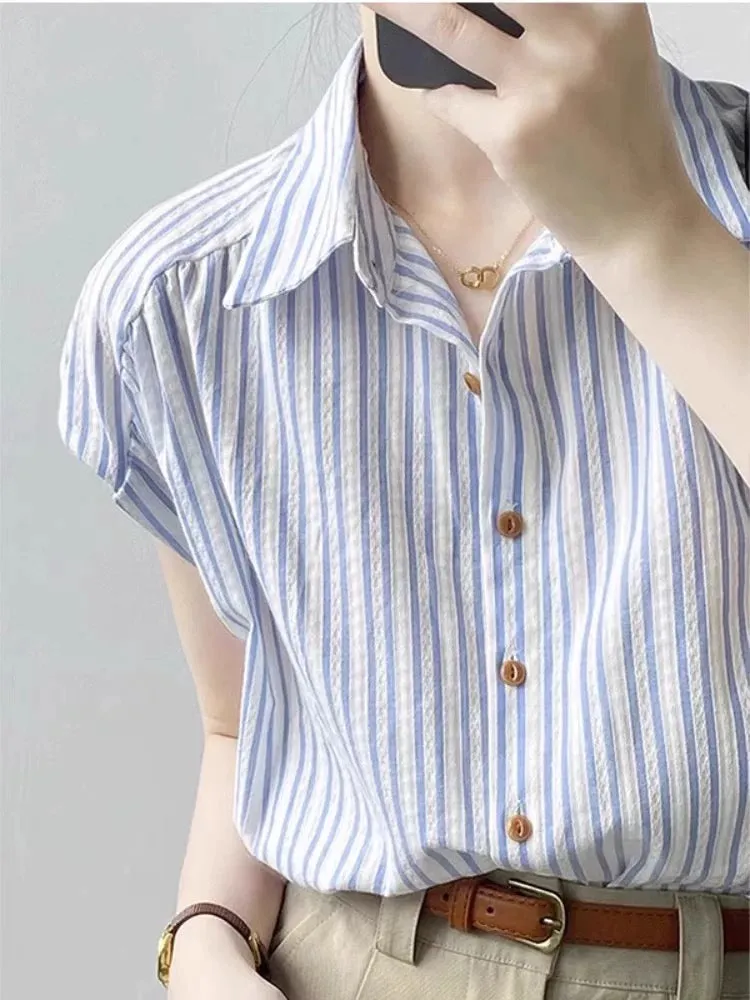 French style small flying sleeve striped short-sleeved shirt women's summer shirt high-end small fresh loose top shirt