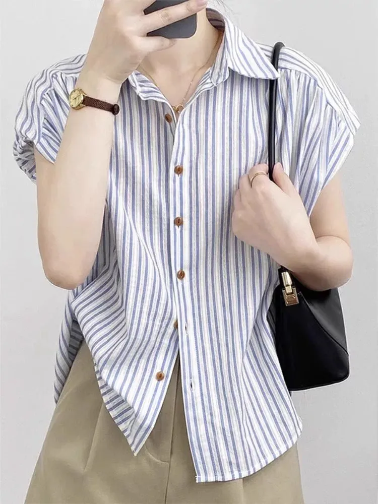 French style small flying sleeve striped short-sleeved shirt women's summer shirt high-end small fresh loose top shirt