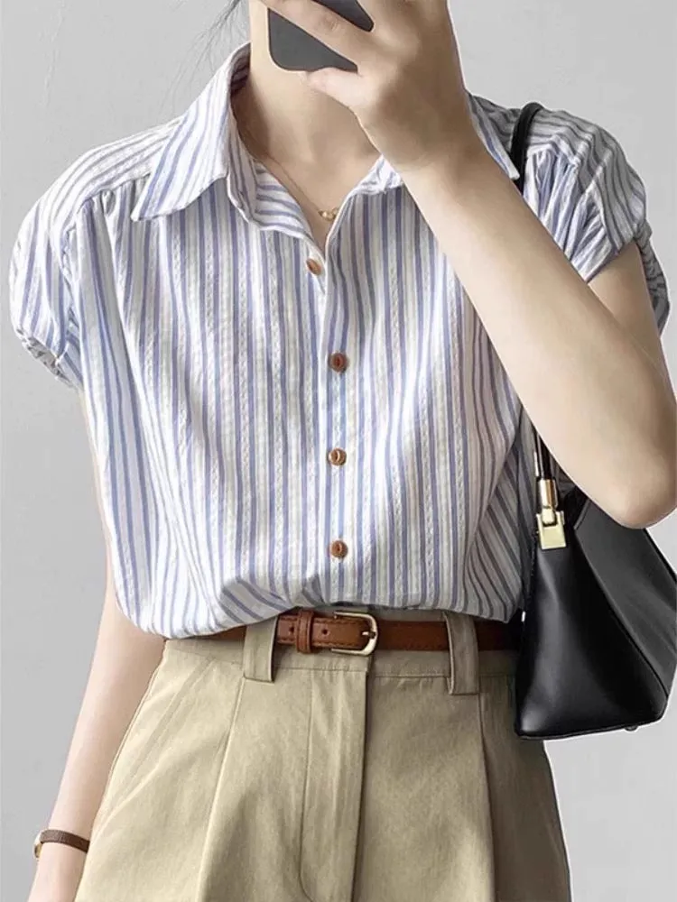 French style small flying sleeve striped short-sleeved shirt women's summer shirt high-end small fresh loose top shirt