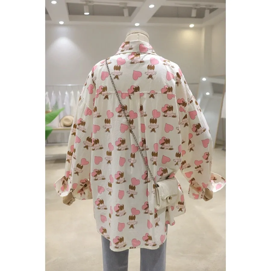 Fresh full-body cartoon love ballet bear 2024 spring loose slimming mid-length cotton long-sleeved shirt for women