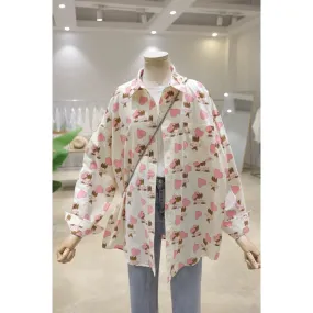 Fresh full-body cartoon love ballet bear 2024 spring loose slimming mid-length cotton long-sleeved shirt for women