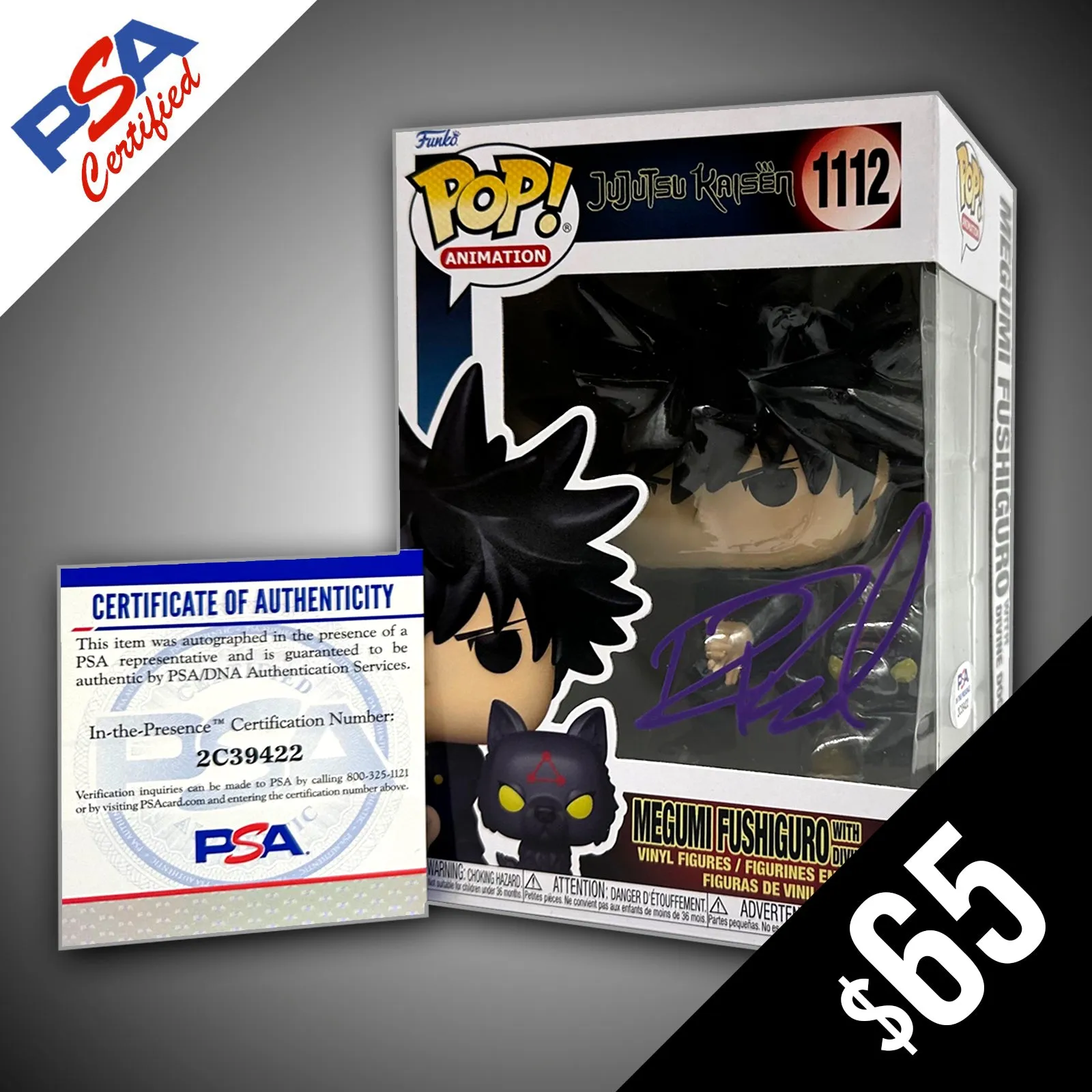 Funko Pop! - Jujutsu Kaisen: Megumi with Dog #1112 SIGNED by Robbie Daymond  (PSA Certified)