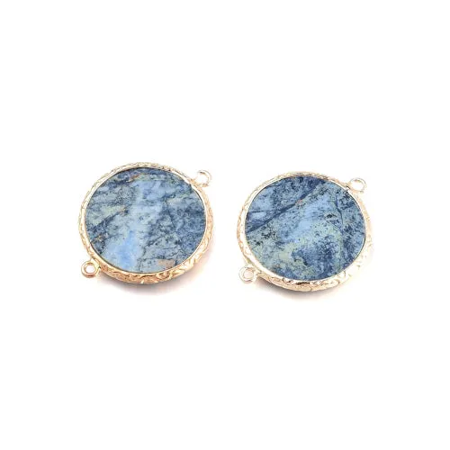 Gemstone Connectors, Natural, Blue Spot Jasper, Flat, Round, Golden, Brass, Link, 29mm