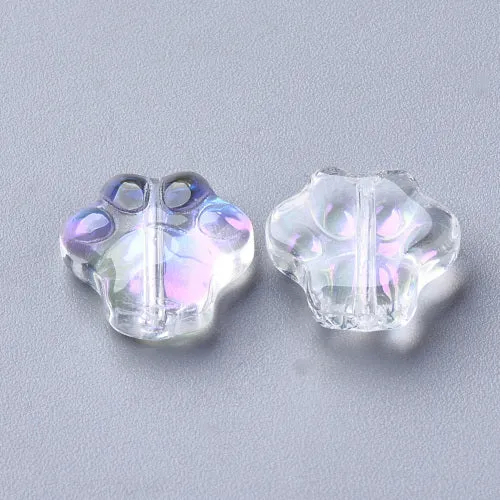 Glass Beads, Dog Paw Prints, Electroplated, Transparent, Clear, AB, 11mm