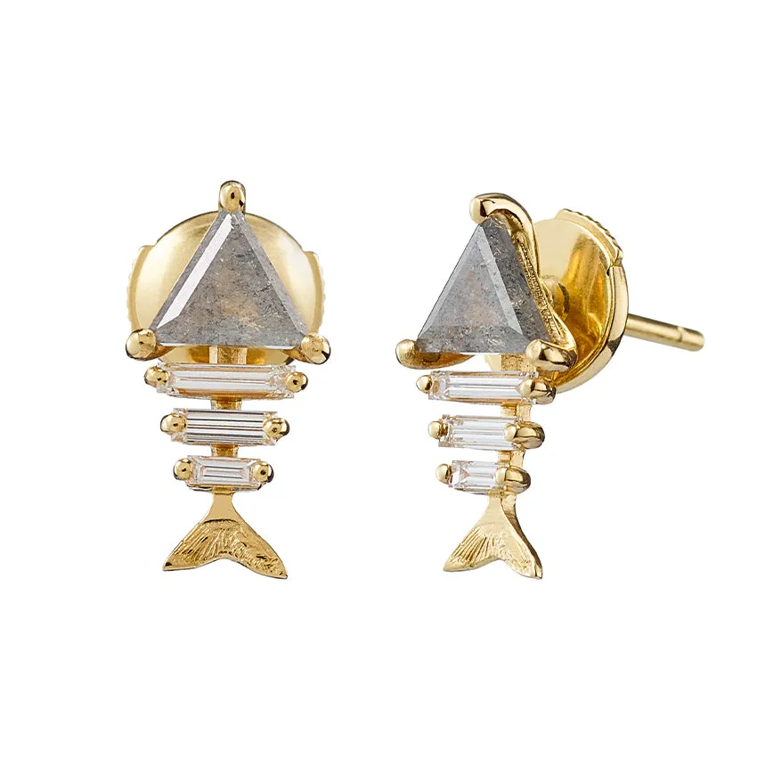 Gold Fish Bone Earrings with Triangle and Baguette Cut Diamond