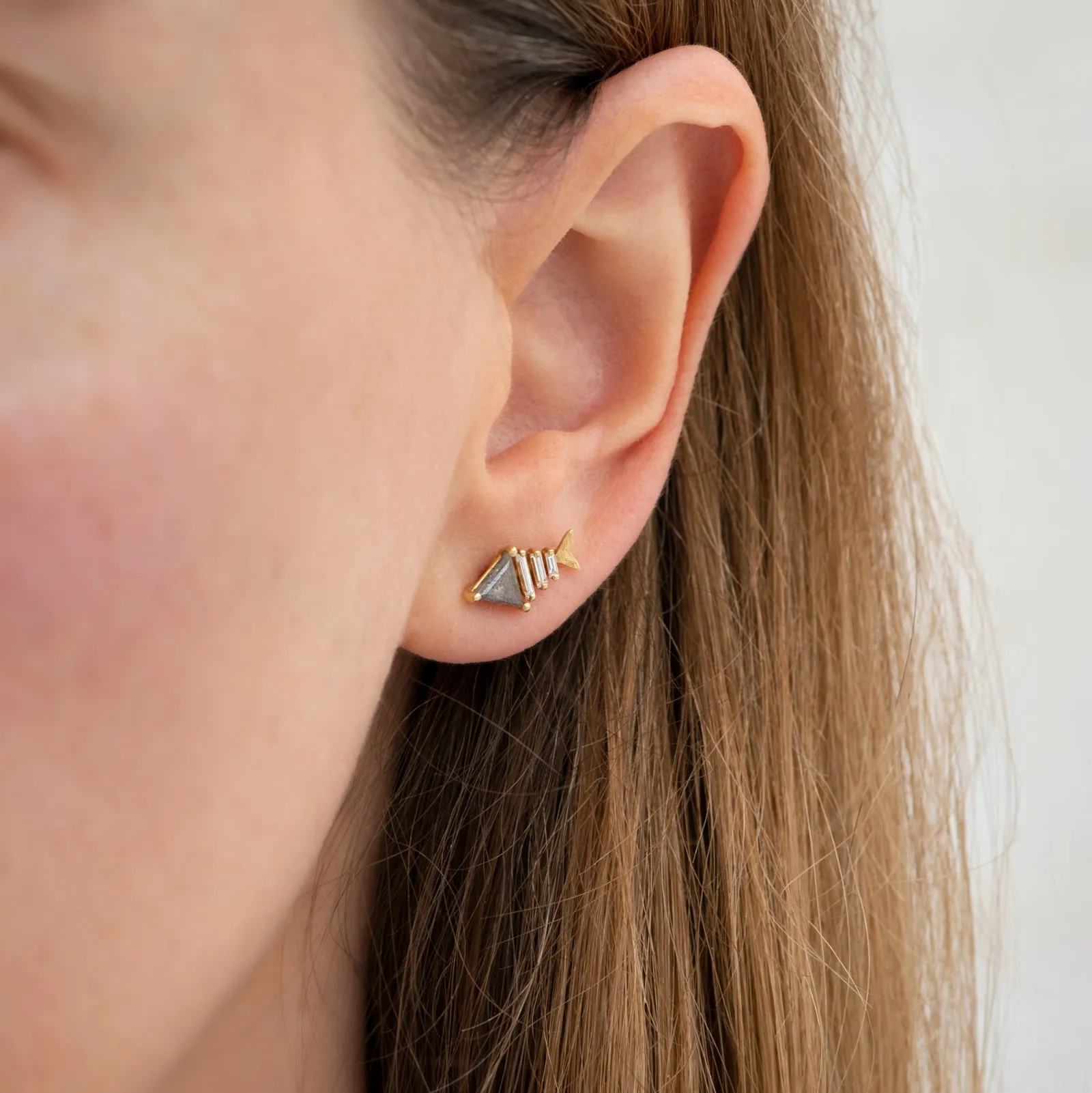 Gold Fish Bone Earrings with Triangle and Baguette Cut Diamond