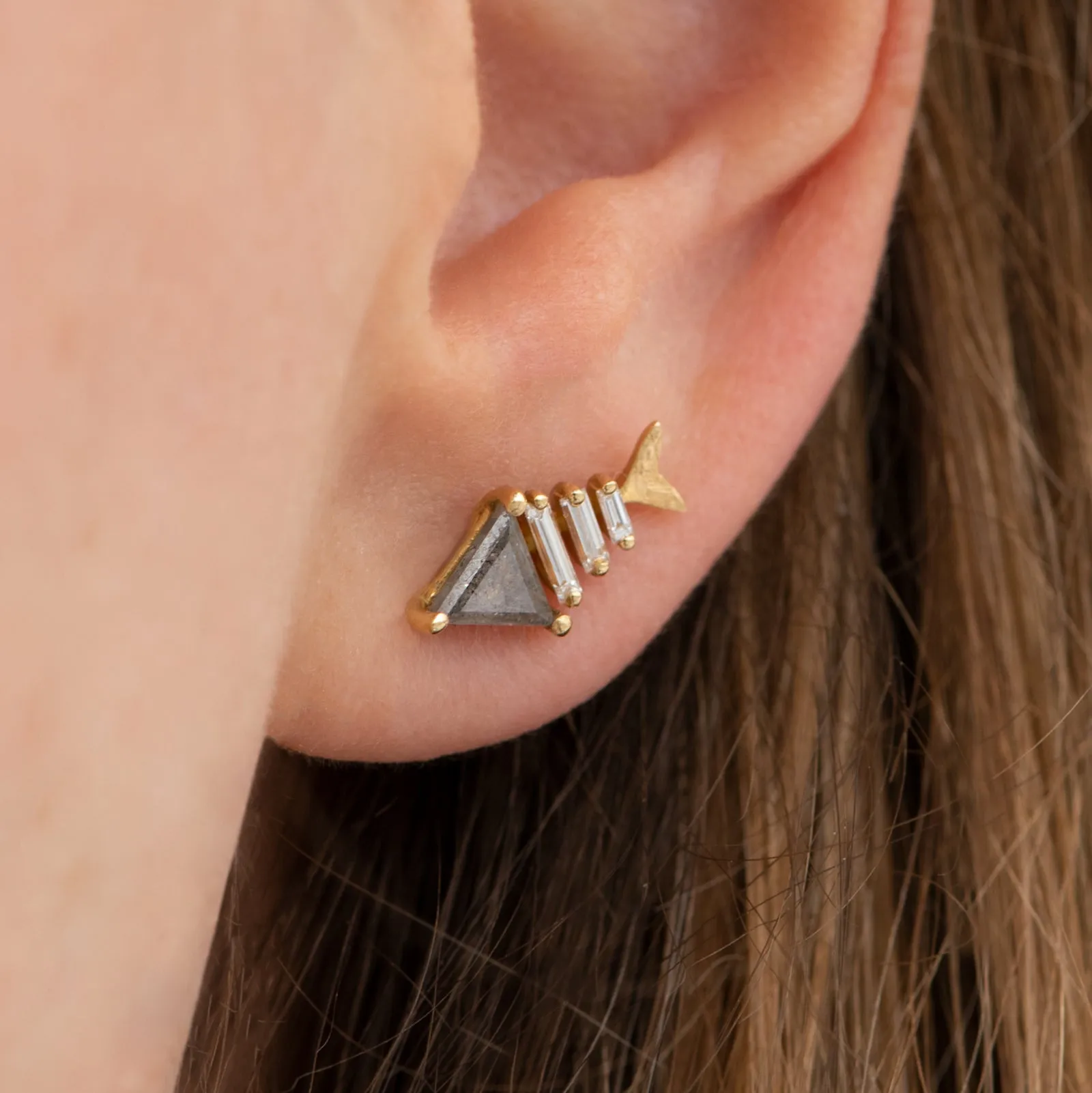 Gold Fish Bone Earrings with Triangle and Baguette Cut Diamond