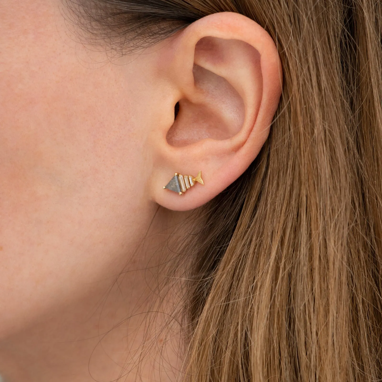 Gold Fish Bone Earrings with Triangle and Baguette Cut Diamond