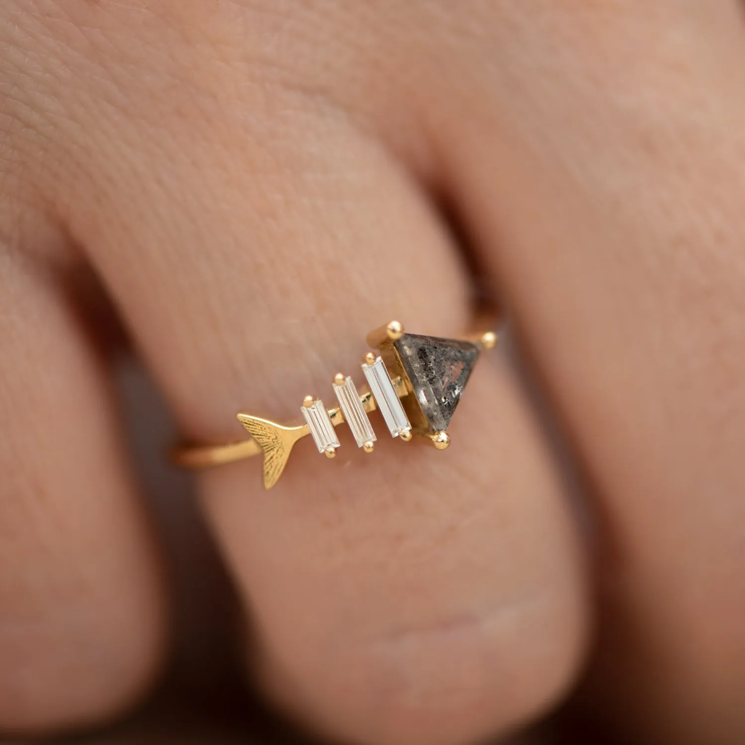 Gold Fish Bone Ring with Triangle and Baguette Cut Diamond