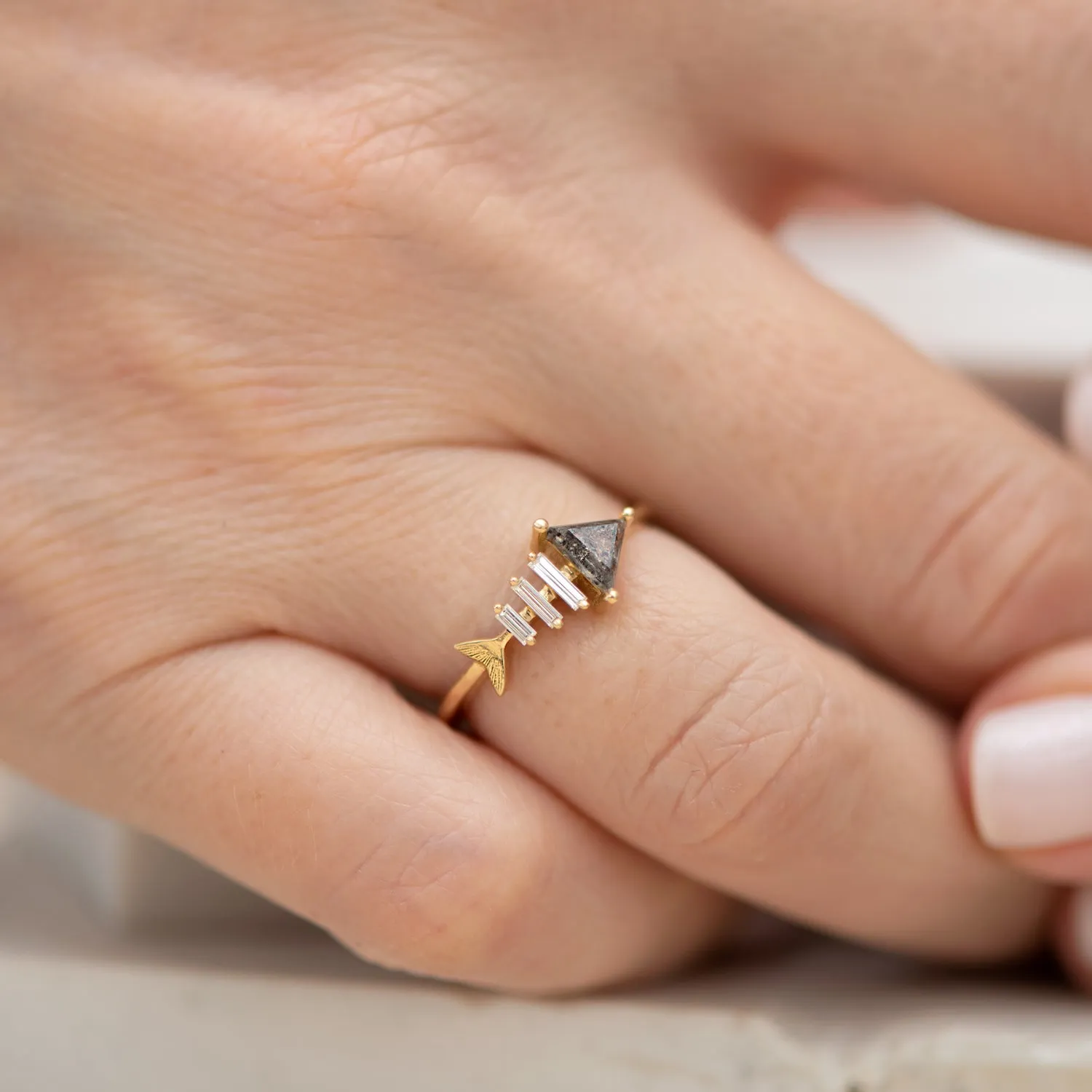 Gold Fish Bone Ring with Triangle and Baguette Cut Diamond