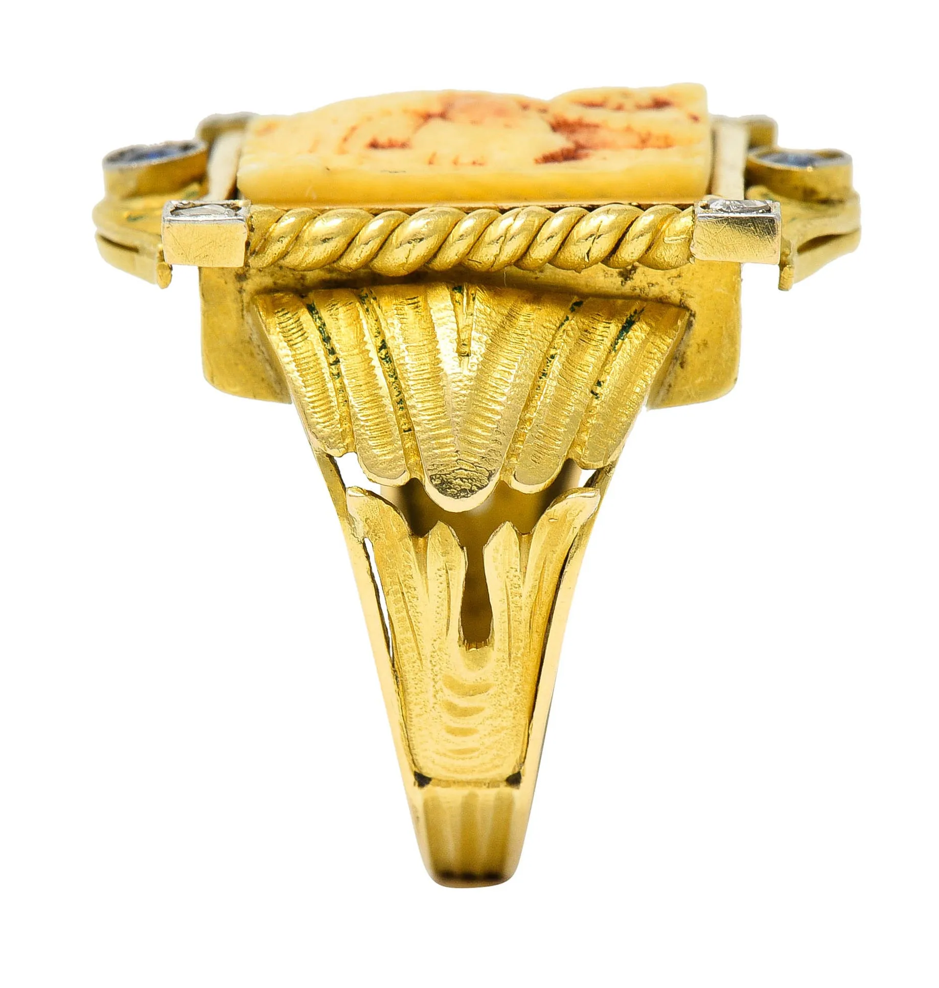 Hindu Sapphire Diamond Carved Bone 22 Karat Gold Lakshmi Goddess Ring