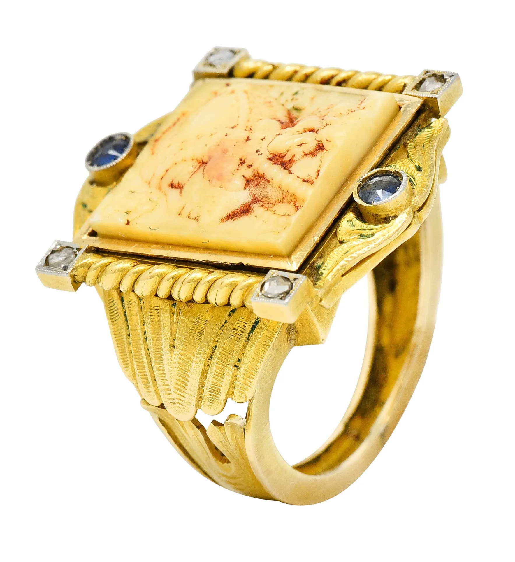 Hindu Sapphire Diamond Carved Bone 22 Karat Gold Lakshmi Goddess Ring